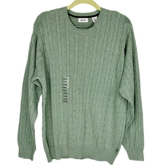 New Izod Sage Green Cable Knit Minimalistic Cotton Soft Crew Neck Sweater Medium - Picture 1 of 11